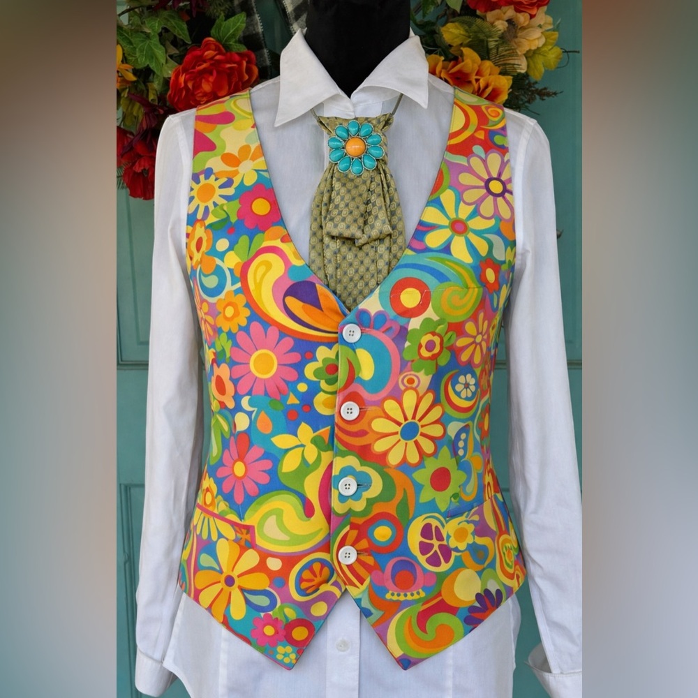 1960’s Flower Power Necktie Necklace Valentino Ricci Milano OOAK Brooch & Chain - Picture 3 of 10